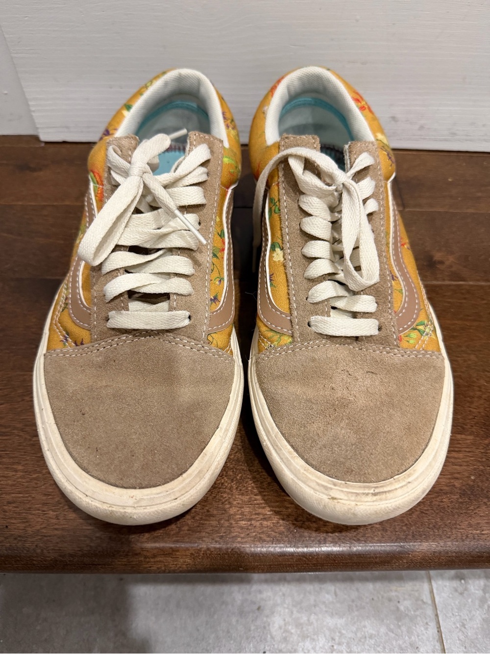 Vans Women's Yellow Floral Canvas Sneakers with Beige Suede Accents